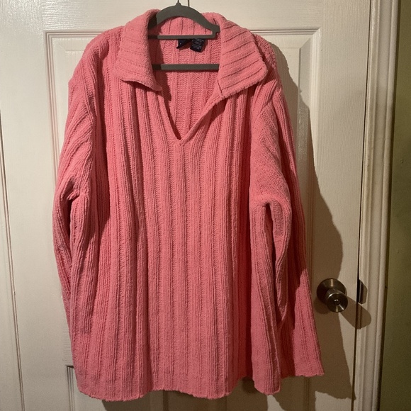 Pink Chenille Long Sleeve Ribbed Collared V-Neck Sweater - Picture 1 of 4